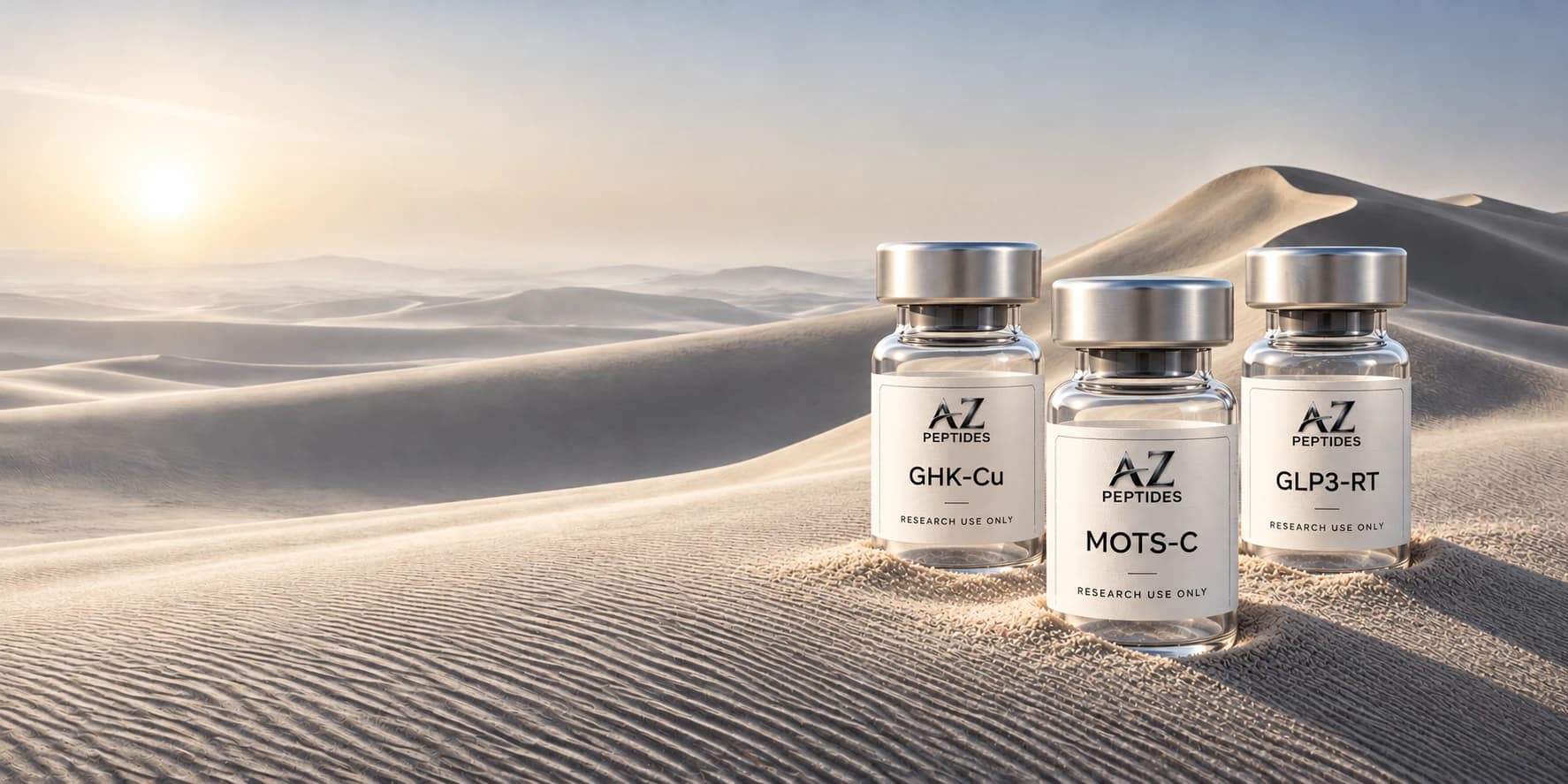A-Z Peptides illustrative MOTS-C, GHK-Cu, and GLP3-RT vials nestled in UAE-inspired dunes